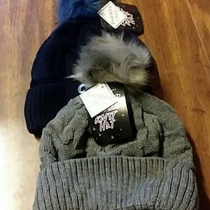 Two ladies Sherpa-lined knit hats with tassel